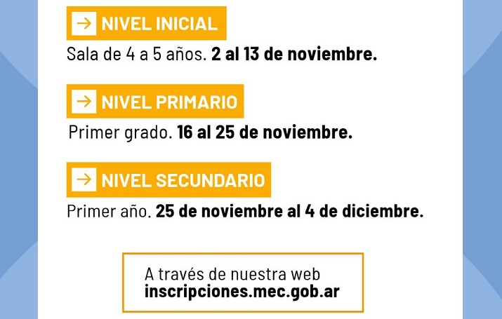 En noviembre comienzan las inscripciones para el ingreso escolar